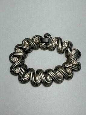 Chunky Silver Tone Wave Link Bracelet 3D Sculptural Statement Modernist Vtg